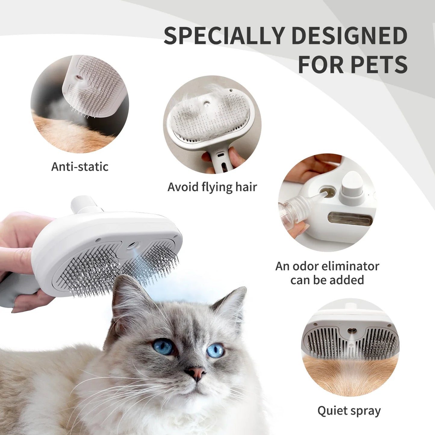 Spray Cat Brush for Shedding, Rechargeable Auto Misting Spray Cat Brush Self Cleaning Dog Grooming Brush for Pets Long or Short Hairs Comb, Static Flying Hair Remove, Tangled or Loose Hair Shed